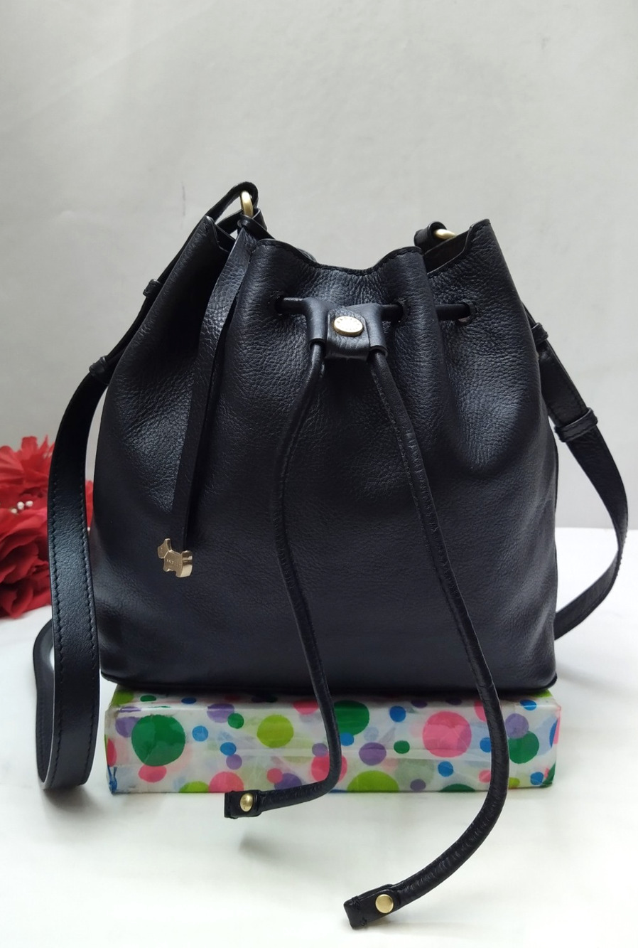 Radley London Black Leather Drawstring Bucket Crossbody Bag